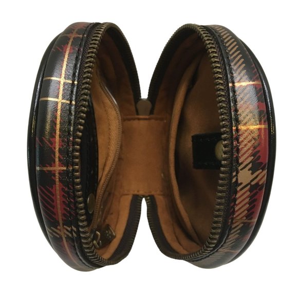 Patricia Nash Diamante Leather Round Zip Jewelry Case Bag Plaid Tartan Red Pouch - Picture 4 of 11